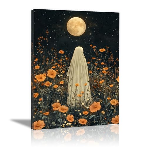 TERUEA Toile pour fête d'Halloween - Un adorable squelette parmi les fleurs sauvages, Feuilles Lugubre Gothique Horreur Thème Fête (Jaune)-60x90cm1 Encadrée