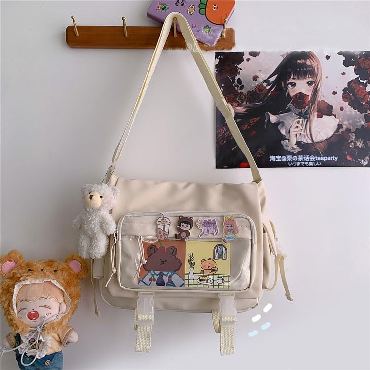 Kawaii Crossbody Bag with cute Pin and Pendant, Lightweight Japanese Messenger Bags Y2K Shoulder Bag for Women Men3