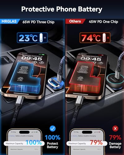 Image of MRGLAS【Upgraded】 125W USB C Car Charger Super Fast Charging for iPhone 16 | [PD65W & QC60W][All Metal] Cigarette Lighter Car Charger,Dual Port for iPhone 16 15 Pro iPad Samsung S25 S24 MacBook-Blue