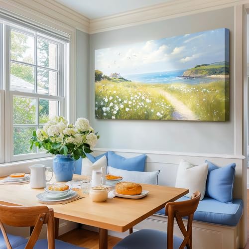 SERIMINO Seaside Nature Large Wall Art, Coastal Landscape Big Canvas Prints, Meadow Wildflowers Pictures Wall Decor, Sunny Scenery Home Decorations for Living Room Bedroom Farmhouse Cottage 30"X60"