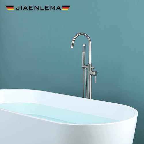 Miniatura 7 de Grifo de bañera independiente moderno de níquel cepillado con ducha de mano, manguera de ducha de 59 pulgadas, montaje en el suelo, relleno de