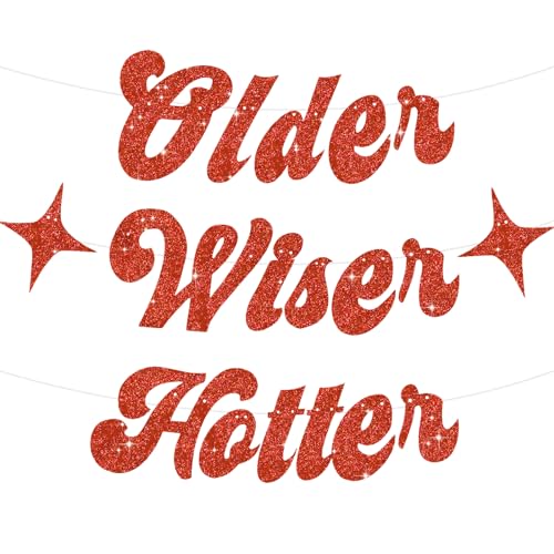 Image of BEISHIDA Glitter Red Older Wiser Hotter Banner with Star, Funny Birthday Banner 30th 40th 50th 60th 70th 80th Party Decorations
