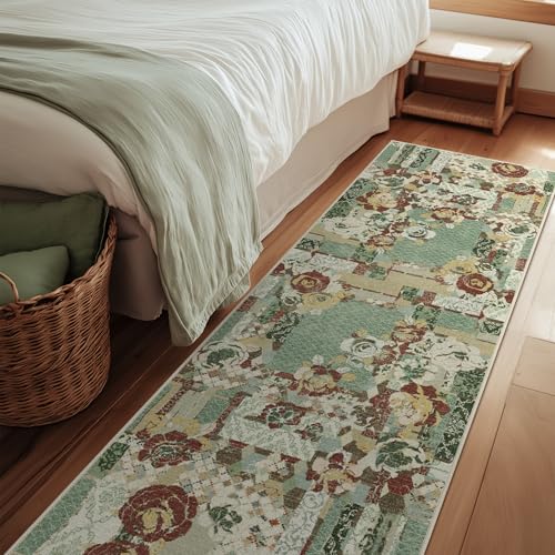 GENIMO Floral Runner Rug 2X6, Machine Washable Non Slip Vintage Patchwork Hallway Runner, Ultra-Thin Low Pile Runners for Indoor Entryway, Hallway, Kitchen and Corridor, Celadon Green
