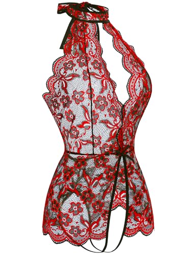 Image of Ababoon Women One Piece Lingerie Lace Sexy Baby Dolls Teddy Sleepwear (Black&red, Large)