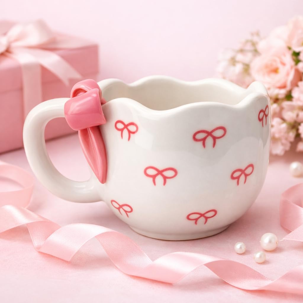 Cute 3D Bow Ceramic Mug Handmade & Handpainted | Pink Ribbon Coffee Cup | Microwave Safe Tea Mug | 300 ml | Aesthetic Gift for Girls, Women, Birthday & Valentine-image-44