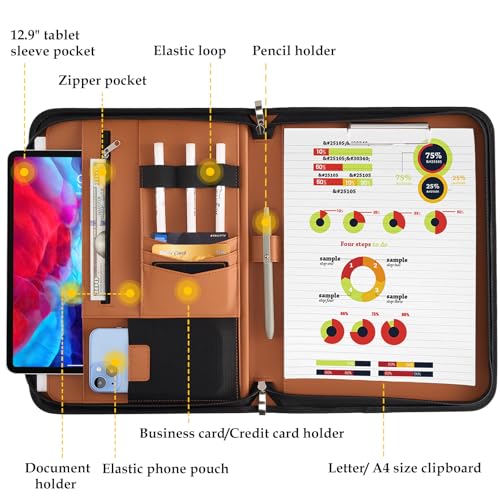 Image of ProCase Portfolio Business Padfolio Folder with Zipper -Tan | Conference Meeting Executive File Legal Document Organizer with Pockets Letter Size A11 Writing Pad Notepad Padfolio