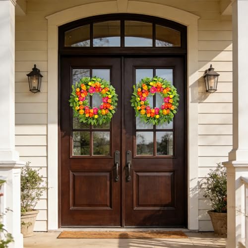 26" Spring Wreaths for Front Door, Large Artificial Lemon Wreath with Yellow and Green Lemons for Indoor Outdoor Wall Window, Outside Summer Floral Wreath Decor for Home Porch — view 3