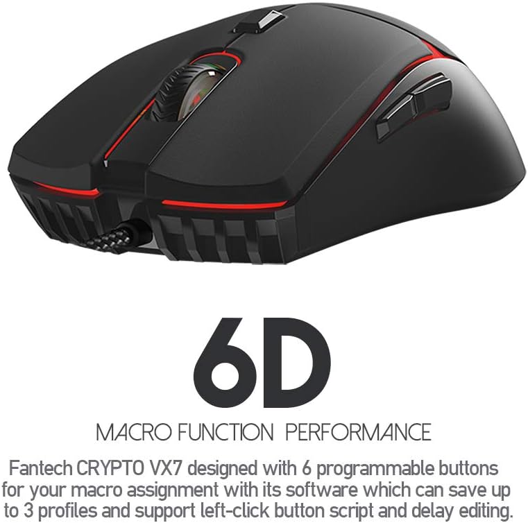 FANTECH CRYPTO VX7 Gaming Mouse, side view, highlighting 6D macro function