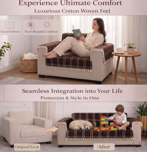 Image of STITCHNEST 'Artisoul Series' Chenille Sofa Cover 2 Seater Fully Covered with 2 Hand Rest Covers | Premium Heavy Fabric, Washable & Fade Resistant | Brown Sofa Protector with Tassels | Size 48x60 Inch