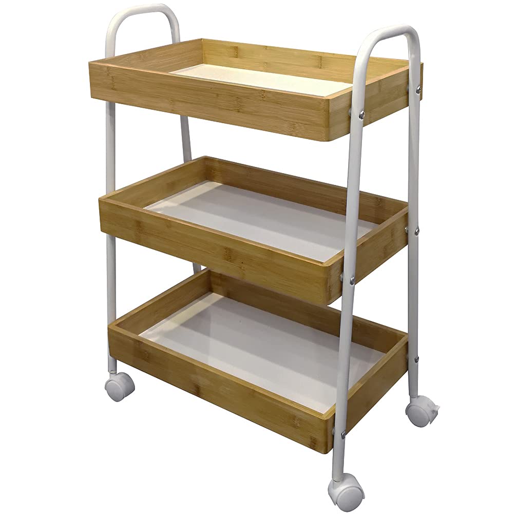 BAKAJI Carrello Trolley Cucina in Metallo con 3 Ripiani in legno e 4 Ruote girevoli a 360 Gradi con Freno Trolley Salvaspazio Arredamento Casa Cucina Dimensione 49 x 70 x 28 cm Design Moderno (Bianco)