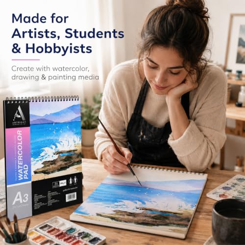 Image of ArtRight Artists' Watercolor Paper Pad A3 190 GSM - 20 Sheets of Handmade Rough Grain Water Colour Papers, Ideal for Artist, Professional Drawing, Painting Dry & Wet, Fine Art, School, Student, Watercolor