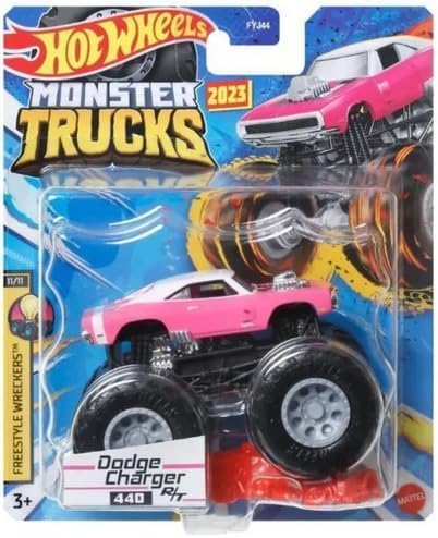 Hot Wheels Monster Trucks New for 2023 1:64 Scale Dodge Charger 440 R/T, Pink