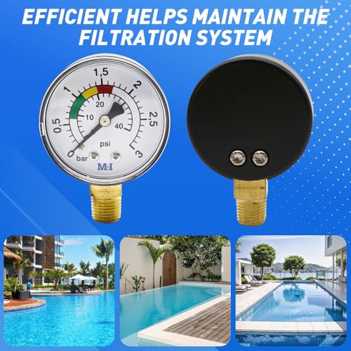 Riisoyu Pool Druckmesser, Pool-Manometer 1/4 BSPT für Schwimmbecken Filter und Pumpen0+3BAR/PSI Präziser Wasserdrucktester Ø50mm Einfache Installation Langlebiges Material Ideal für Pool, Fischteiche