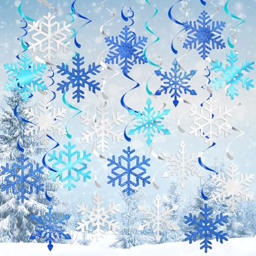 20Pcs Winter Snowflake Hanging Swirl Decorations, Christmas Snowflakes Ceiling Streamers Blue Sliver Snowflake Hanging Decorations for Christmas Winter Wonderland Frozen Party Supplies