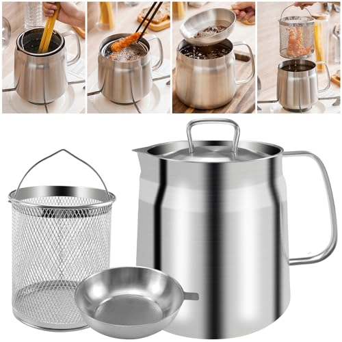 68oz 304 Stainless Steel Oil Filter Pot, Abnaok Large Capacity Versatile Oil Filter Vessel, Heavy Duty Stainless Steel Bacon Grease Container,Multi-Function Frying Net Tank For Kitchen/Camping