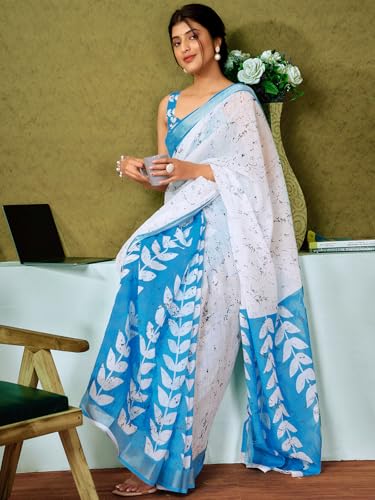 Image of Satrani Women's Linen Printed & Zari Border Ready To Wear One Minute Pre Pleated Readymade Saree with Unstitched Blouse Piece