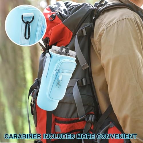 Image of House of Quirk Water Bottle Carrier Bag with Phone Pocket for Stanley 40 /30 oz Tumbler Neoprene Water Bottle Holder Pouch with Adjustable Strap (Mint)