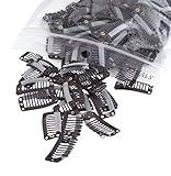 SWACC 100 Pcs U Shape Metailic Snap Clips ins for Hair Extension Hairpiece DIY Snap-Comb Wig Clips with Rubber (Brown, 9-Teeth 6 Holes)