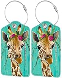 2 Pack Luggage Tag for Suitcase, Cute Unique Leather Bag Tags Identifiers Privacy Cover ID Label with Durable Steel Loop for Women Men Kids Girls Travel, Giraffe