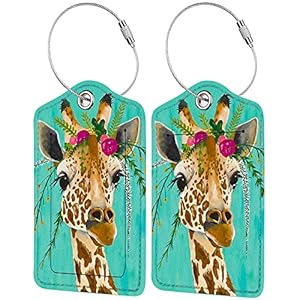 2 Pack Luggage Tag for Suitcase, Cute Unique Leather Bag Tags Identifiers Privacy Cover ID Label with Durable Steel Loop for Women Men Kids Girls Travel, Giraffe