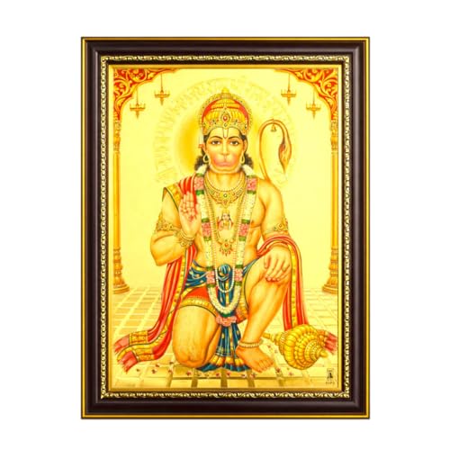 Image of Paramporul Gallery Hanuman Anjaneya Gold Foil Photo Frame for Pooja Room, Hindu God Wall Decor, Ready to Hang, 10x14 Inch