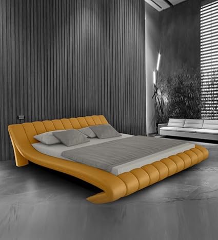 Liferstyle Furniture Leatherette Upholstered King Size Bed Spring Suede Modern Bedroom, Home Furniture Chrome Yellow (H 74 x W 224 x D 259)
