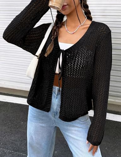 Womens Lightweight Crochet Cardigan Tie Front Shrugs Knit Crop Tops2