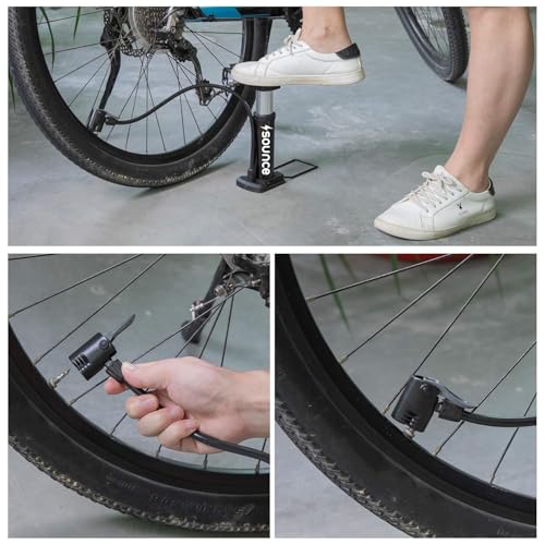 Image of Sounce Bike Floor Pump, Portable Bicycle Foot Pump, Mini Air Pump with Presta & Schrader Valve, Hand & Foot Activated Tire Inflator for Mountain & Road Bikes, Balls & More