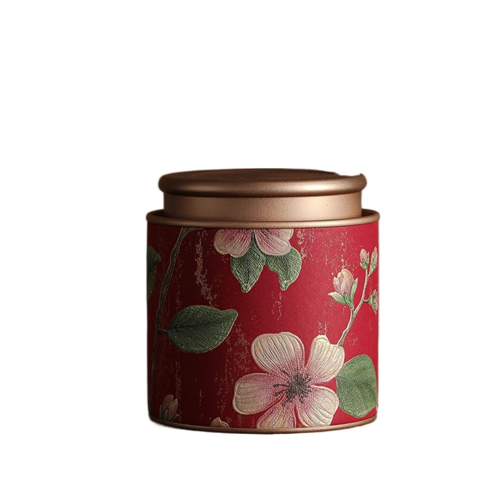 Tea Storage Tin - Airtight Metal Sealed Jar for Loose Leaf Tea, Portable Round Tea, Coffee & Sugar Storage Canister, Home Kitchen Decor(Red-S)