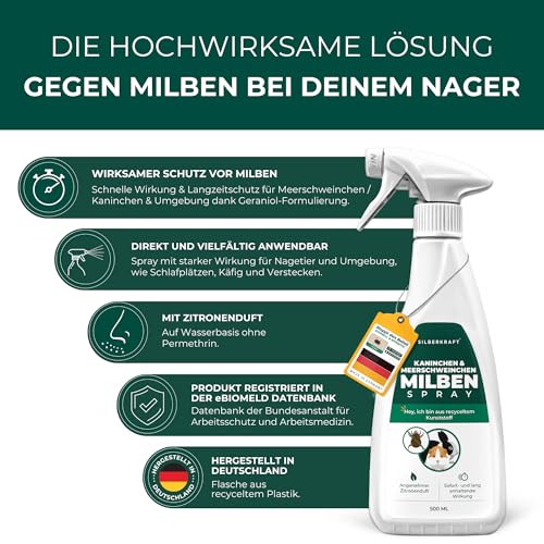 Silberkraft Milbenspray 500 ml – Milbenabwehr für Hamster, Meerschweinchen & Nager - Repellent mit Geraniol - Spray für Fell & Käfig - Sofort- & Langzeiteffekt