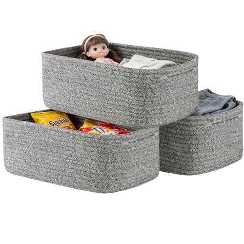 Lot de 3 Paniers de Rangement tressés en Coton Tressé, Empilables Panier Rangement, Corbeilles Salle de Bain, Etagères Corbeilles pour, Cuisine, Salon, 30 x 20 x 11 cm (Gris Clair)
