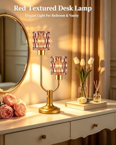 Image of Lightdot Mid Century Modern Table LampVintage Lamp Red Glass Gift Dimmable | Nightstand Lamp Gold Desk Lamp 2 Bulbs Included Warmwhite Ambient Bedside Lamps for Living Room Bedroom Girls Room Home Decor