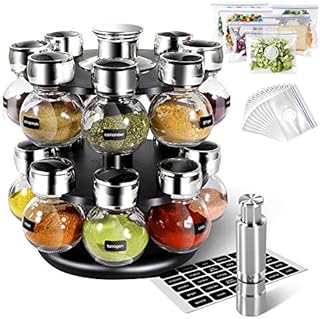 Masthome Spice Rack with Jars, Rotating Spice Rack Organiser for Kitchen, 16pc Spice Jars with Lids & Labels for Herb - Send Salt Pepper Grinders & 15pc Fresh-Keeping Bags