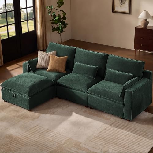 Image of WorthFurni Modern Modular Sectional Sofa,103 inch L Shape Minimalist Couch with Storage Ottoman,Comfty 4 Seat Sofa for Living Room,Green Chenille