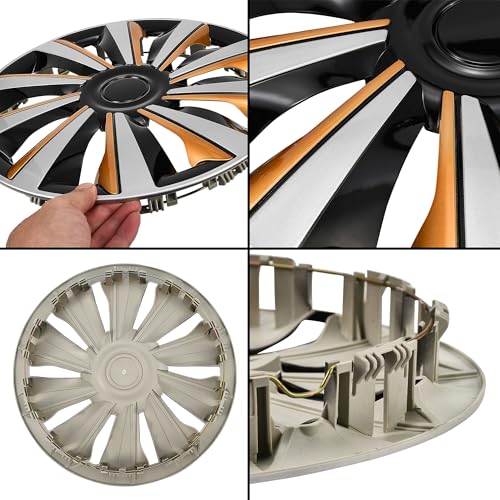 Image of Silver with Gold Hubcap Wheel Cover Replacement Kit 14 inch Hub Caps Wheel Rim Cover Car Exterior Accessories Pack of 4, 14 Inches
