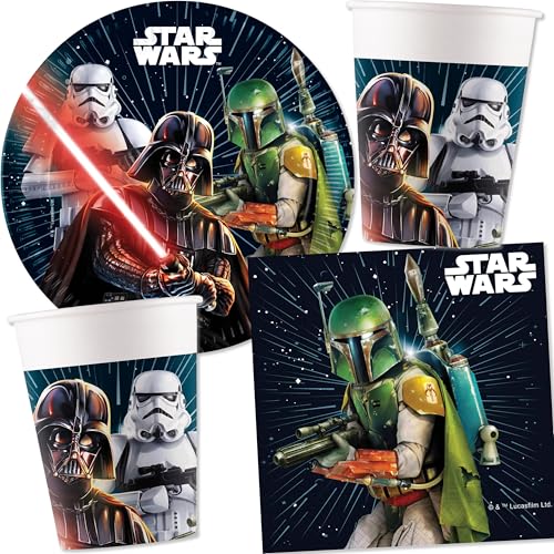 Kit de fête 36 pièces « Star Wars » avec assiettes en carton + serviettes + gobelets en carton pour anniversaire d'enfant et fête à thème | Guerrier...