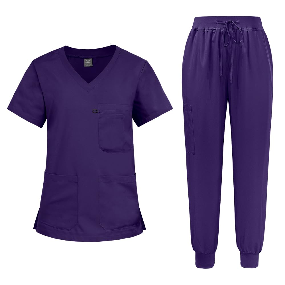 niaahinn Scrub for Women Set - V-Neck Top Jogger Pants Nurse Uniform with Pockets