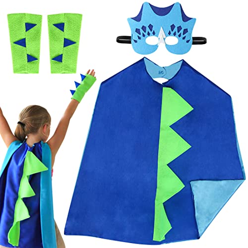 Sprinlot Capa Dinosaurio niño,Cosplay Dinosaurios Capa Infantil,Mascara y Muñequera Dinosaurio niño niñas,Disfraz de Dragón para Fiesta Temática Carnaval Azul