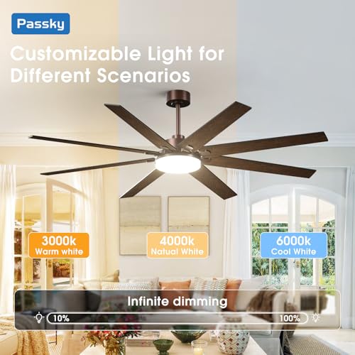Image of 72 Inch Ceiling Fans with Lights, Large Modern Ceiling Fan with Light and Remote Control, Reversible, 3CCT, Dimmable, Quiet, Brown Ceiling Fan for Bedroom Living Room Patio Farmhouse, Indoor /Outdoor