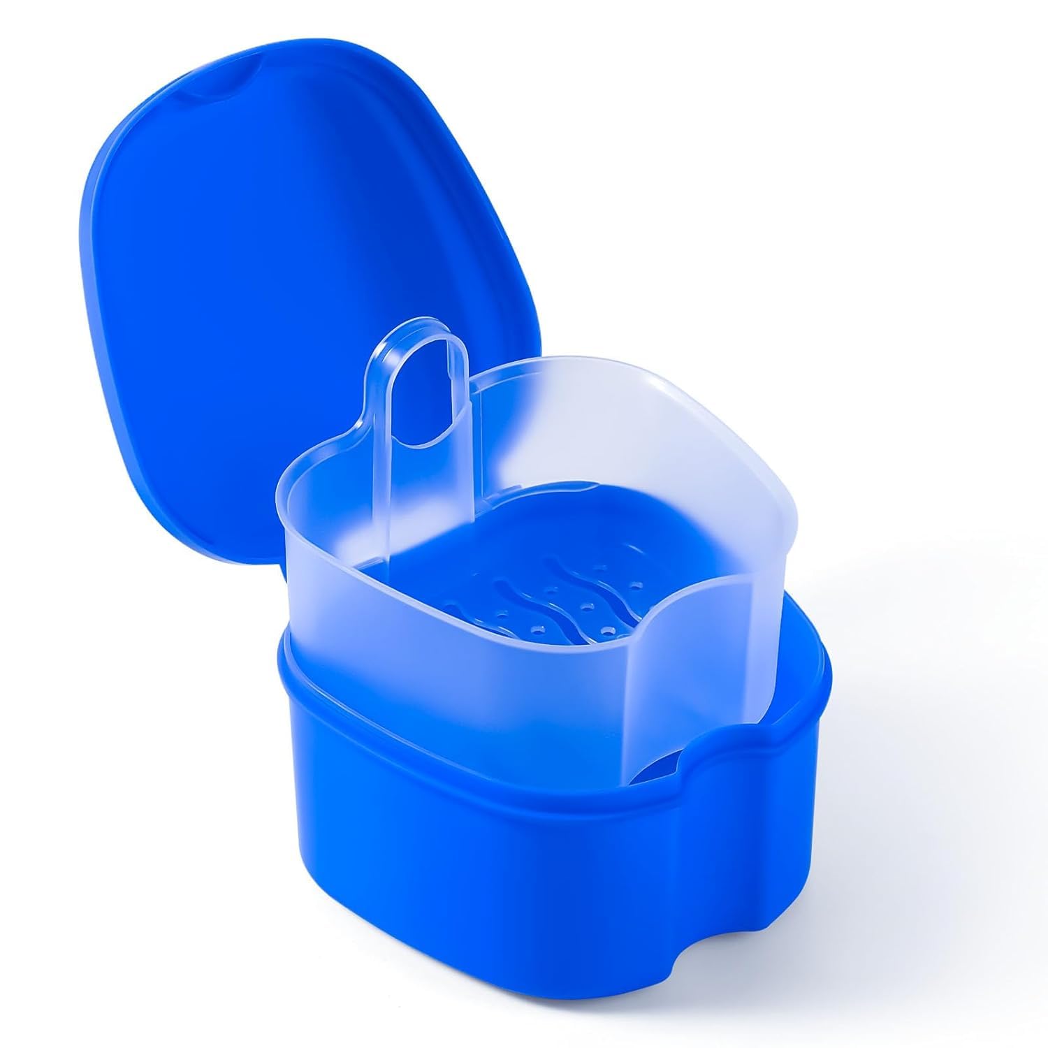 Denture Bath Case, Denture Cup Box Holder Storage Soak Container with Strainer Basket for Travel Cleaning (Blue)