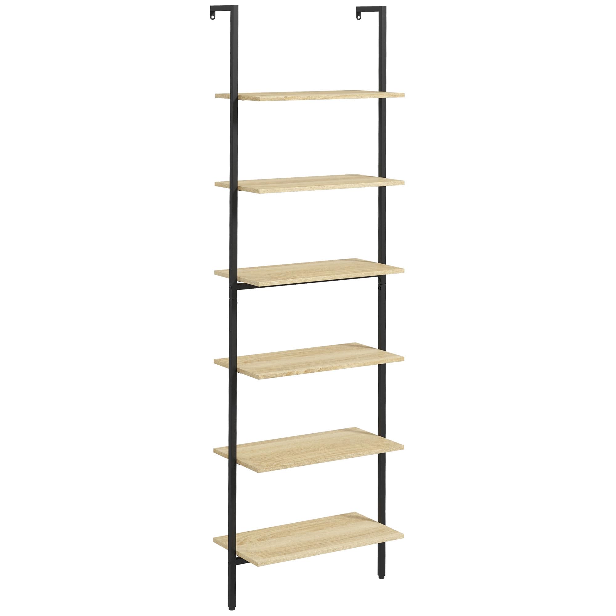 HOMCOM Scaffale scala da parete libreria scaffale portaoggetti stile industriale 6 ripiani in acciaio nero effetto legno naturale - dim. 60L x 30L x 206H cm