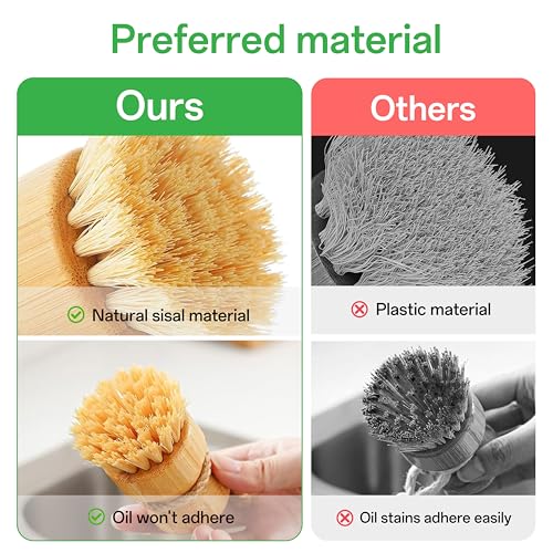 Image of Bamboo Dish Brush Set, Natural Sisal Scrubber for Pots Pans Dishes with Tray, Eco Friendly Kitchen Brush 3 Pack