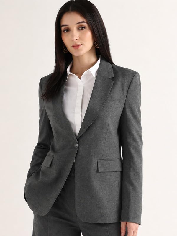 Image of Hancock Women Solid Slim Fit Single Breasted Blazer with Wide Leg Trouser Suit Set