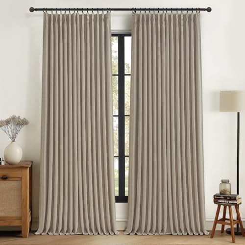 Light Taupe Blackout Sliding Patio Door Curtains 92 Inches Long 2 Panels Set, Country Pinch Pleat 2 Layer Linen Thermal Curtain with Ceiling Track & Back Tab Dorm Room Drapes Greyish Brown 40