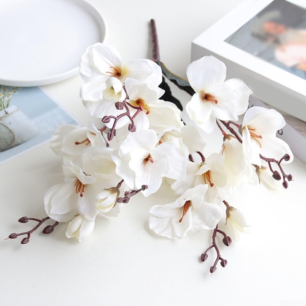 Bouquet de magnolia artificiel 5 broches 20 têtes blanc réaliste