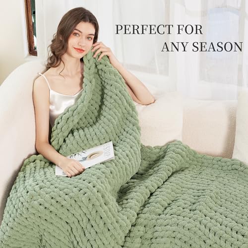 Admitrack Grobstrickdecke, 100% Handgestrickte Chenille-Wohndecke für Sofa und Wohn-Deko, weiche und gemütliche Strickdecke, Salbeigrün… – Ansicht 5