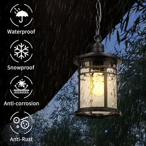Image of Darkaway Dusk to Dawn Outdoor Pendant Light, 14inch Hanging Porch Light Outdoor Chandelier Ceiling Mount Waterproof Pendant Lights with Water Ripple Glass for Patio Entrance Foyer Entryway