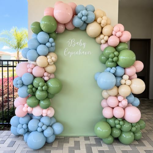 Image of Pink Blue Green Balloons, Boho Baby Shower Wildflower Floral Party Balloons | Dusty Green Pale Pink Beige Balloons, Dusty Blue Blush Sand White Balloons for Baby In Bloom Garden Tea Birthday Party Decor