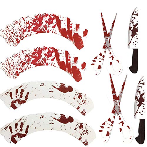 Halloween Cupcake Toppers Wrappers, 24Pcs Cupcake Decoration Set Horror Bloody Knife Scissors Pattern For Cake Decor Party Favors #TOP2