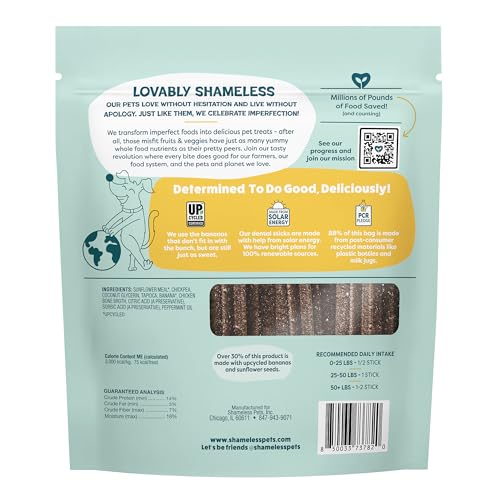 Image of Shameless Pets Bone Broth, Banana, & Mint Dental Chews for Dogs, 32 Chews - Natural Dog Teeth Cleaning Treats with Fresh Breath Benefits | Grain-Free Dental Sticks for Small, Medium & Large Dogs